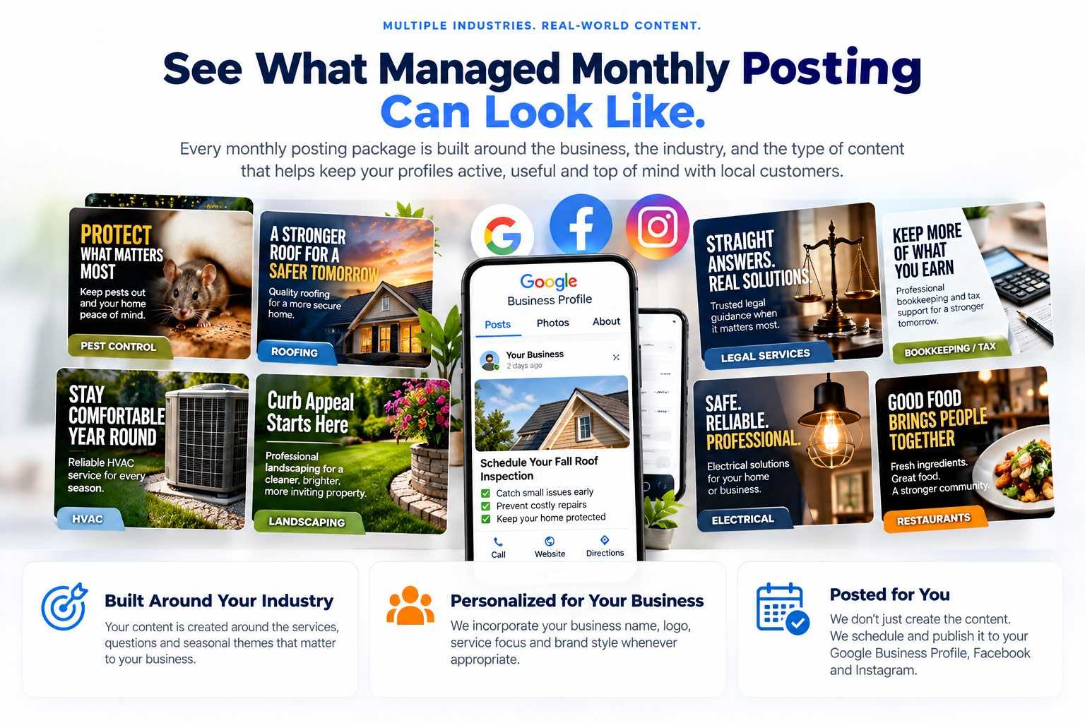 Collage showing personalized monthly posts for pest control, roofing, HVAC, landscaping, legal, bookkeeping, electrical, and other businesses across Google Business Profile, Facebook, and Instagram.