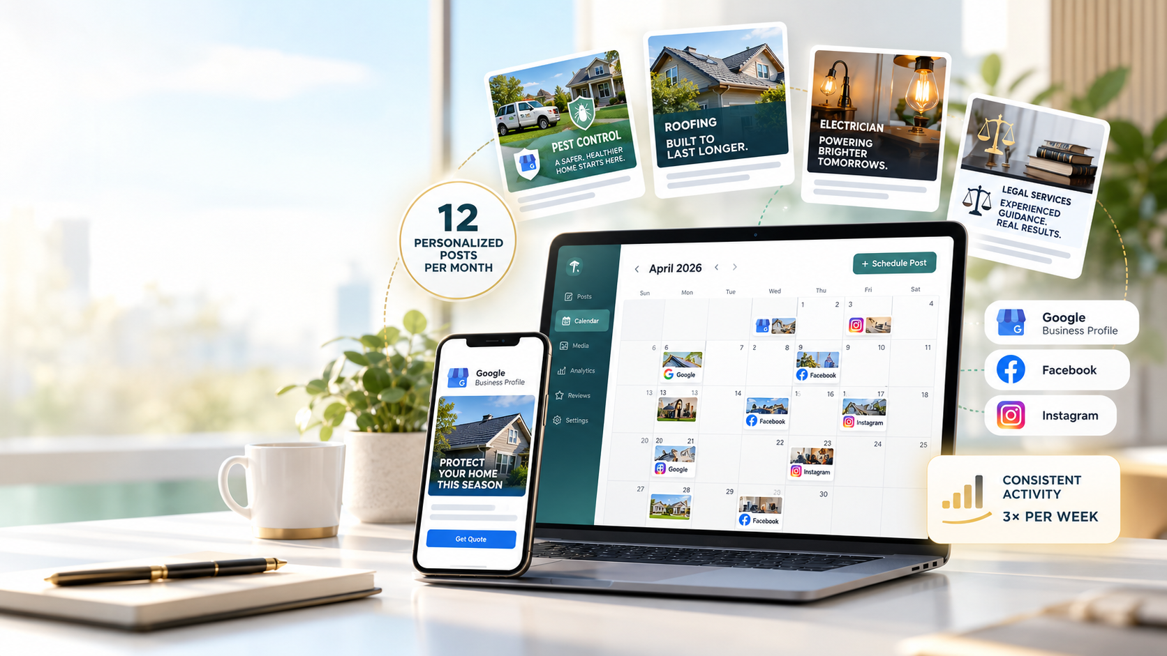 Content scheduling dashboard with personalized monthly posts for Google Business Profile, Facebook and Instagram.